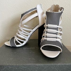 Beau+Ashe white and black stacked heels